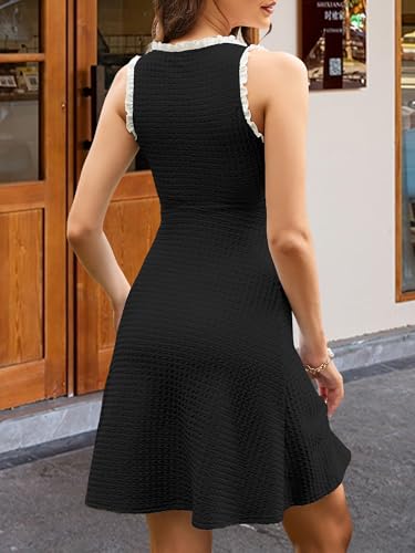 Image of FENSACE Casual Summer Dresses for Women Black V Neck Work High Waist Sleeveless Cute Lace Trim Graduation Sundresses