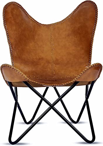 Leather Butterfly Chair - Leather Accent Chair - Chairs For Living Room - Handmade With Powder Coated Folding Iron Frame - Recliner Chair - Sleeper Chair (Cover With Folding Frame) (Black Frame) #TOP2