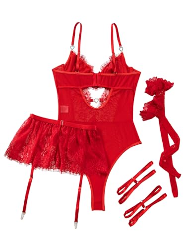 Image of Lilosy Sexy Lingerie Set 3 Piece Women Corset Bodysuit Skirt | Rhinestone Heart Stocking Garter Plus Size Underwire Mesh Sheer Lace Push Up Babydoll Halloween Christmas Valentine's Bridal