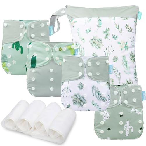 Image of Smarbore Baby Cloth Diapers Set - 4 Pack with 4 Inserts & 1 Wet/Dry Separation Bag, Reusable Infant Toddler Nappy, Adjustable Pocket Diapers for Baby Boys and Girls (6-33 pounds, 0-3 Years)