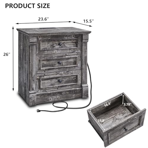 Image of 26 inch Tall Nightstand with Charging Station, Farmhouse 23.6 inch Wide Large End Table w /Roman Column, Wood Rustic Side Table w /Metal Handle, 3 Drawers Dresser for Bedroom, Living Room, Light Grey