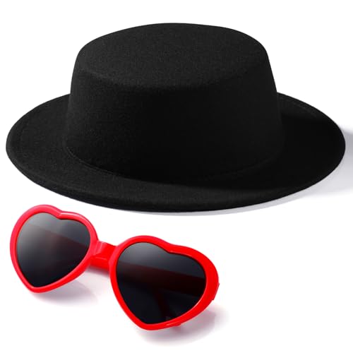 Classic Black Fedora Hat with Red Heart-Shaped Sunglasses Fun Party and Costume Accessory Set for Teens and Adults