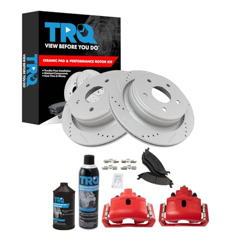 Image of TRQ Performance Rear Performance Brake Pad & Rotor Kit Ceramic Premium G-Coated Slotted X Drilled Compatible with 2007-2009 Chrysler Aspen 2004-2009 Dodge Durango 2002-2010 Ram 1500 2011-2018 Ram 1500