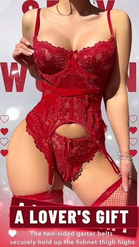 Image of Alrovetoney Sexy Lingerie Set 4pcs Teddy Bodysuit With Bra And Panties & Thigh Highs Corset Bodysuit XS-3XL