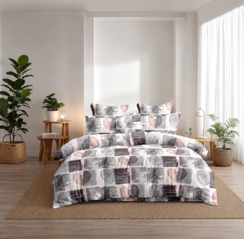 Image of Bedding Set Combo of Double Bed Duvet Cover Set with Fitted Bedsheet & 2 Pillow Covers | 300 TC Cotton Fabric | Zipper Closure |All Round Elastic|Warm Stuff|SED 052|White Grey Patti