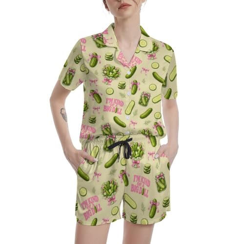 Image of Funny Pajamas for Women Set Print Satin Loungewear Pjs Short Sleeve Button Down Top and Shorts Sets Sleepwear XS-3XL