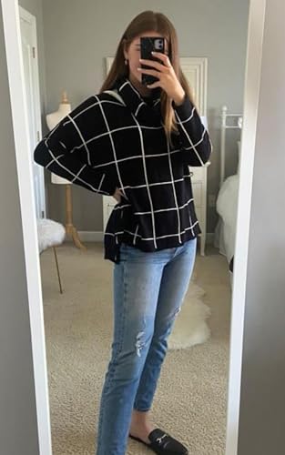 Image of ECOWISH Women Fall Pullover Sweater Turtleneck Plaid Long Sleeve Loose Casual Chunky Checked Knit Winter Sweaters Jumper Tops