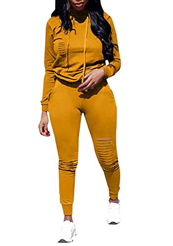 LROSEY Women Drawstring Hoodie Slim Jogger Tracksuit with Pocket (Yellow, 2XL)
