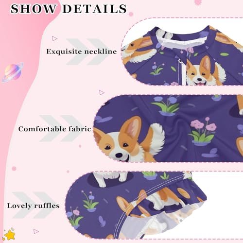 Corgi Dog and Cute Flowers Girls Long Sleeve Swimsuit Rash Guard One Piece Bathing Suits Zipper 3-12T4