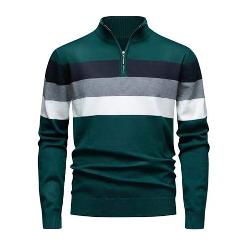 Mens Fashion Color Block Casual Sweater, Quarter Zip Collar Long Sleeve Knit Pullover Slim Fit Golf Polo Sweaters
