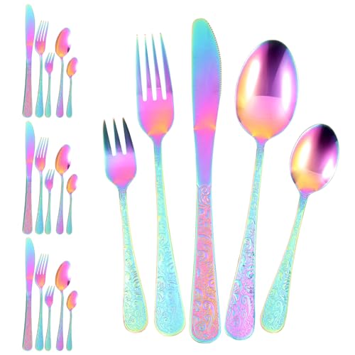 Besteck Set,20-teilig Besteckset für 4 Personen,Stilvolles Besteckset aus Edelstahl mit Gabel,Löffel und Messer,Spiegelglanz,Retro Griff mit...