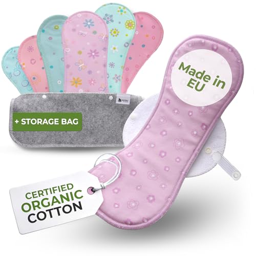 Compresas Reutilizables Ecológicas de Algodón Orgánico; 7-Pack (tamaños S,M,L,XL) Compresas de Tela Lavables HECHAS EN LA UE; Compresas Tela Mujer Organico para menstruación, postparto, incontinencia