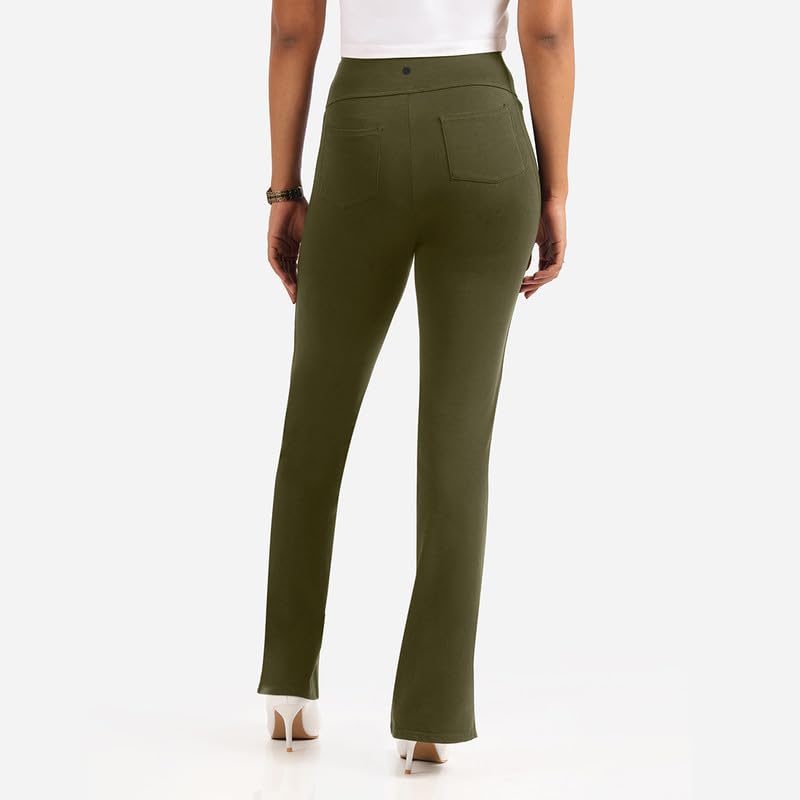 Image of Blissclub AM:PM Cotton Flare Pants for Women Above 5'5 ft Tall | Wide Waistband, 4 Pockets | Bell Bottom Pants and high Waist Trousers for Office wear