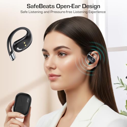 Image of pTron Bassbuds Trendz Open Ear Wireless Earbuds, SafeBeats Design, HD Mics & TruTalk AI-ENC Calls, 45Hrs Playtime, App Support, 14.2mm Drivers, BT6.0 Headphones, Type C Charging & IPX5 (Pearl Black)