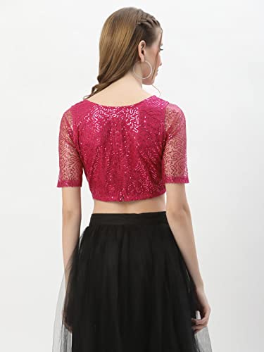 Image of studio rasa Women's Net Sequin Embroidered Sheer Sleeves Readymade Saree Blouse for Wedding Festive Party