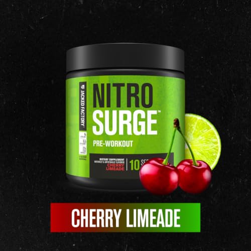 Image of Jacked Factory NITROSURGE Pre Workout Supplement - Endless Energy, Instant Strength Gains, Clear Focus, Intense Pumps - NO Booster & Preworkout Powder with Beta Alanine - 10 Servings, Cherry Limeade