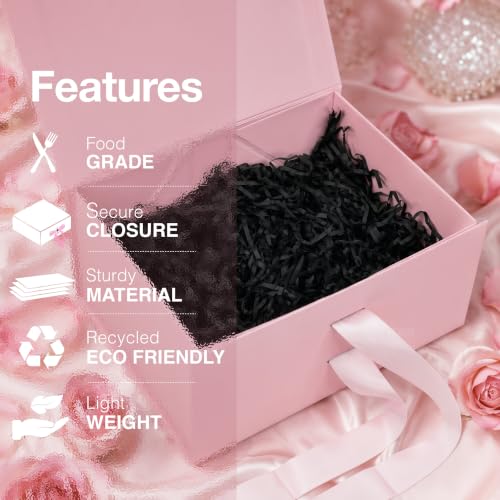 Image of RBS-Pink Gift Box with Black Filler 23x16x10cm Empty Hamper Box for Gifting Holds Upto 5kg Sturdy Cardboard Gift Boxes 25g Decorative Shredded Paper Birthday, Christmas, Diwali Packing (Black Filler)