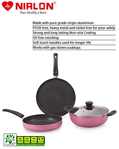 Image of Nirlon Orchid Granite 7-Piece Aluminium Non Stick Dishwasher Safe Cookware Gift Set with Glass Lid & 3 Spoon, Pink (Compatible with All Gas & stovetops Only)