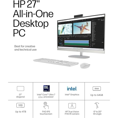 Image of HP 27 inch FHD Touchscreen All-in-One Desktop, Intel Core Ultra 7 255U (Up to 5.2GHz), 32GB DDR5 RAM, 1TB Storage (512GB PCIe+500GB External Drive), Wi-Fi 6, USB-C, Wireless KB & Mouse, Windows 11