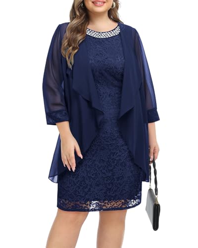 Pinup Fashion Plus Mother Bride Navy Two Piece Jacket Wedding Guest Dress