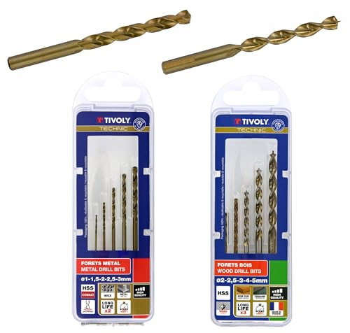 TIVOLY - Coffrets 10 Forets HSS Haute Performance Métal & Bois - Perçage Inox, Aciers Résistants et Bois - Ø 1 à 5 mm - Cobalt & Bronze