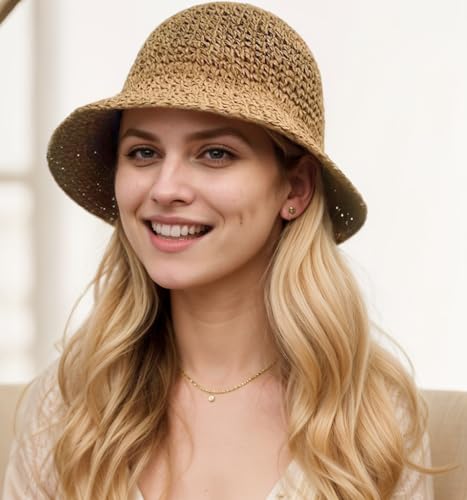 Image of Womens Floppy Straw Sun Hat Packable Wide Brim Summer Beach Hat Foldable Crochet Bucket Hats