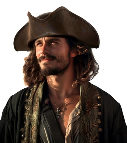 UQJE Authentic Brown Pirate Hat for Adult Leather Tricorn Hat Halloween Colonial Costume Accessories