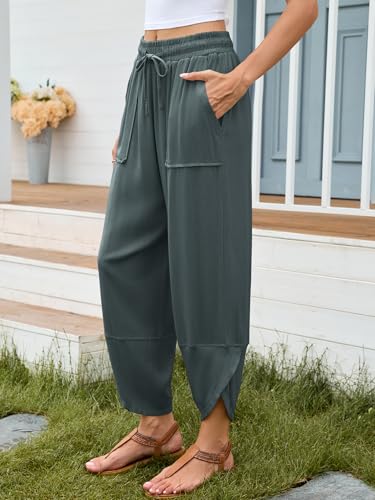 Womens Linen Baggy Wide Leg Pants Drawstring Elastic Waisted Casual Harem Palazzo Trousers with Pockets3