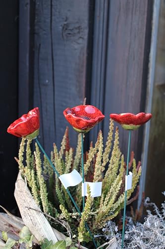 Holzwurm Keramik Mohnblumen Gartenstecker, 3er Set, Rot, 30 cm Länge,...