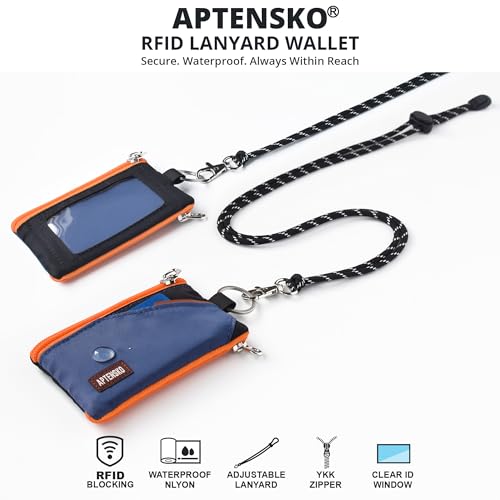 Image of RFID Blocking Travel Wallet with Adjustable Lanyard, Small Nylon Zipper Pouch and Badge Holder for ID, Credit Cards, Cash, Keys, Commuters (Navy+Black)