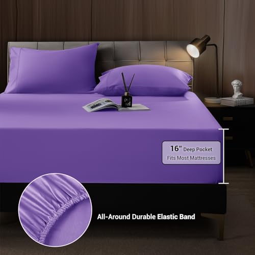 Image of Shilucheng 4 Piece Queen Sheet Sets, Cooling Sheets, Blend Rayon Derived from Bamboo, Deep Pocket Up to 16 inch, Breathable & Soft Bed Sheets, Hotel Silky Bedding Set, Purple