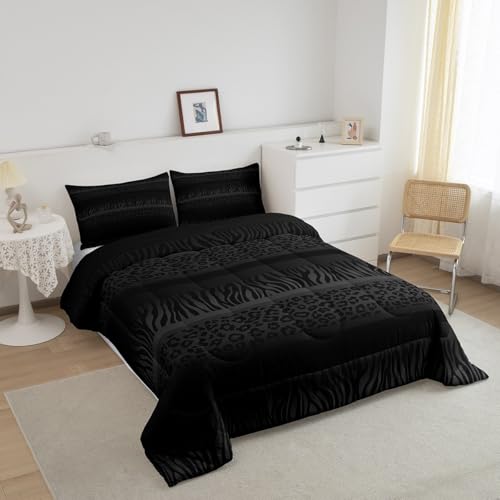 Image of Feelyou Boys Girls Black Gray Leopard Print Comforter Set King Size, Zebra Stripes Bedding Set Kids Animal Skin Duvet Insert Teens Bedroom Decor with 2 Pillow Case