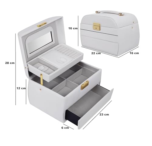 Image of BucketList Luxury PU Leather Jewellery Box with Mirror & Lock | Multi-Layer Organizer with Drawers, Ring Slots & Handle | Premium Storage Case (3 Layer Jewellery Box With Mirror (White))