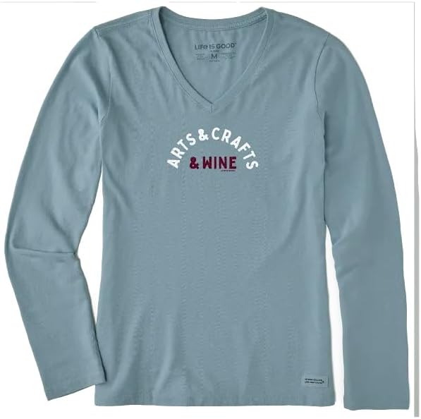 Life is Good. Women's Arts & Crafts & Wine Long Sleeve Crusher Vee, Smoky Blue