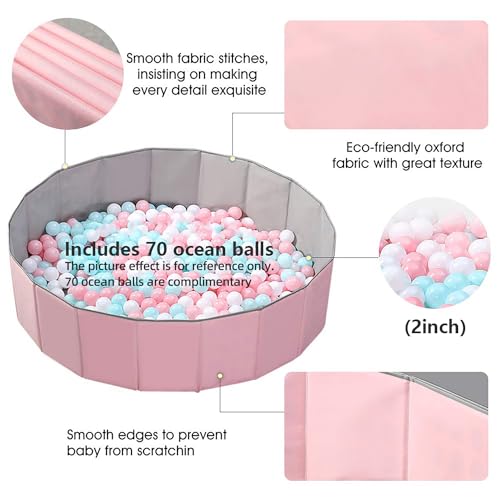 OMNISAFE 47x11.8Inch Kids Ball Pit Include 70 Balls, Foldable & Portable & Reusable Balls Pit for Toddlers, Play Pit for Dog, Indoor & Outdoor Use, Oversized (Pink)