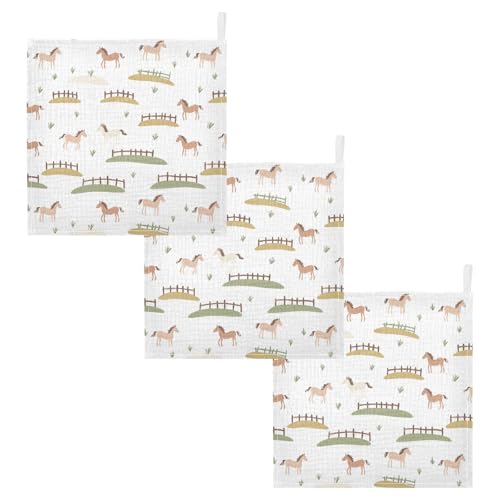 Image of vvfelixl Cute Horses Fences Baby Burp Cloths Baby Muslin Washcloths for Boys Girls Cotton Babys Face Towel for Newborn Infants Soft and Absorbent 11.8 X 11.8 in, 5 Pack