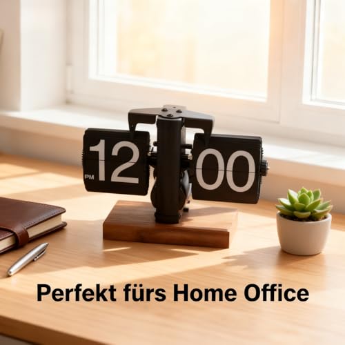 Cocoarm Retro-Klappuhr, Automatische Retro-Uhr, 12 Stunden, Modern, Digital, Mechanisch, mit Holzsockel, Retro-Uhr für Zuhause, Büro, Restaurant (Black)