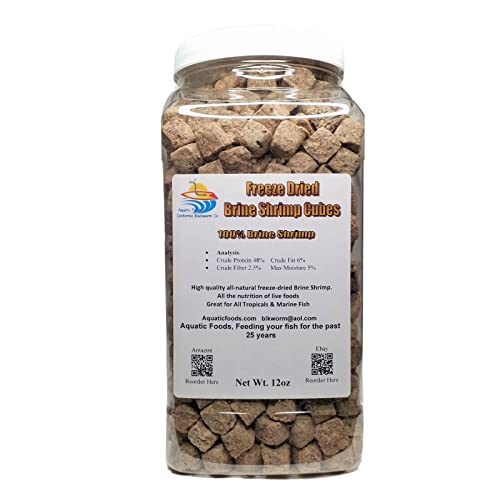 Aquatic Foods Inc. 12oz Freeze Dried Brine Shrimp Cubes, 100% Brine Shrimp for All Tropical Fish, Marine Fish, Land & Aquatic Turtles. Aquatic Foods Premium Freeze Dried Tropical Fish Foods. 12oz-Jar