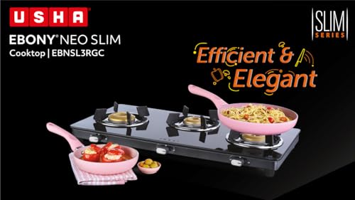 Image of USHA Ebony Neo Slim 3 burner (EBNSL3RGC) with stainless steel body, glass cooktop, large space for parallel cooking, and removable drip tray