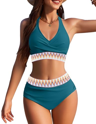 AI'MAGE Women High Waisted Bikini Sets Tummy Control Swimsuits Two Piece Swim Suits 2025 Color Block Halter Bathing Suits