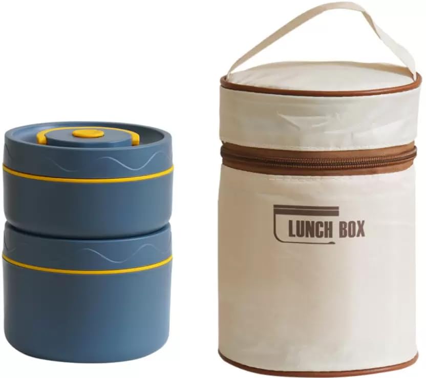 daiDokoro Plastic 2 Insulated Container Lunch Box Set with Thermal Bag & Cutler for Students/Office/College/Picnic - (Blue, 970 ML)