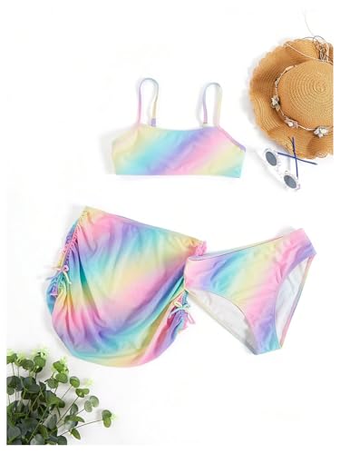 Milumia Girl's 3 Set Rainbow Tie Dye Bikini Swimsuit with Drawstring Beach Skirt Swimwear3