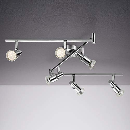 IMPTS Lámpara de techo LED con 6 focos para salón, lámpara de techo giratoria, incluye 6 bombillas GU10 de 3 W, blanco cálido, níquel mate