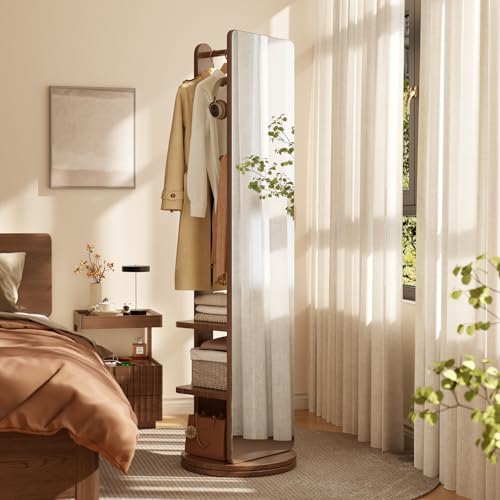 Image of WoodsWhisper Full Length Mirror Coat Rack Solid Wood Floor Mirror 66 inchx12 inch Full Length Mirror with Stand Long Mirrors for Bedroom,Living Room (Walnut Brown, 70 inch L x 16 inch W)