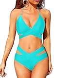 Holipick Two Piece Bikini Sets for Women High Waisted Bikini Push Up Swimsuit Halter Wrap Criss Cross Bathing Suit Teal