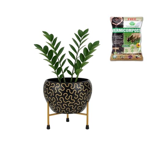 Image of Natural Earth Metal Flower Vase Planter Pot with Iron Stand | Decorative Plant Cachepot for Indoor & Outdoor Use | Succulent Pot for Home & Garden Decor (Black Golden Wave)