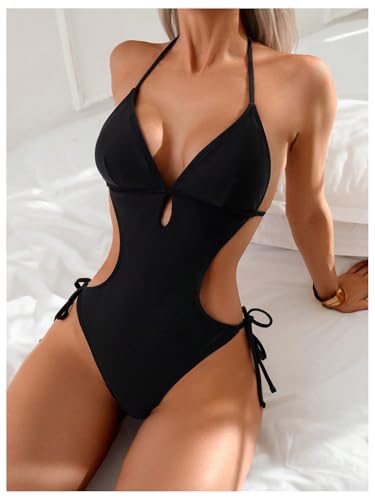 SOLY HUX Women's One Piece Bathing Suits Halter Neck Cutout String Cheeky Swimsuits Beachwear3