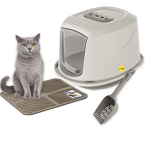 CAT CENTRE Jumbo Grey Hooded Kitten Litter Tray +Waste Scoop +Tray Mat Set Carbon Filter Large Cat Toilet Pet Box Loo Pan Starter Pack Portable Swing Flap Door Carry Handle Galaxy Easy Cleaning