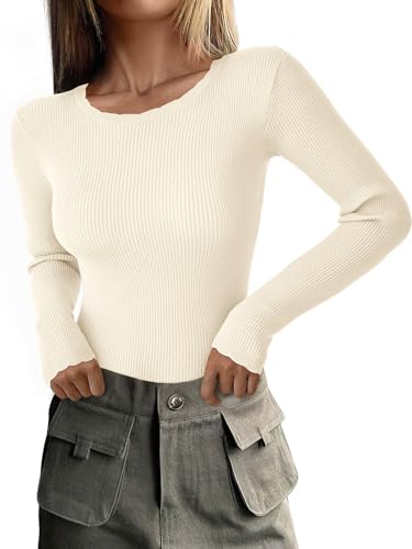 PRETTYGARDEN Womens Long Sleeve Shirts Ribbed Knit Fitted Cute Tops for Women Trendy Basic Pullover Shirt Fall Clothes