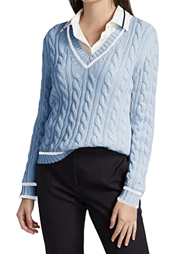 Womens Cable Knit Sweaters Long Sleeve V-Neck Twist Patterned Pullover Sweater Blue